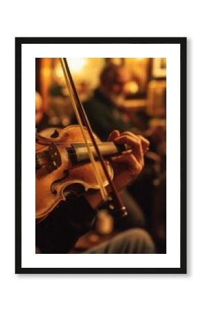 Violinist in a dimly lit pub, warm light reflecting the wood of the instrument, a mesmerizing scene of musical performance.