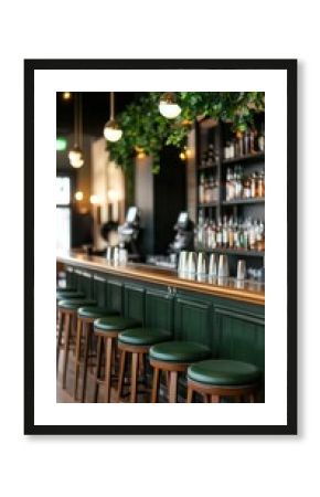 Cozy bar interior with green stools, wooden counter, and hanging lamps. Perfect for St. Patrick's Day, pub night, casual gathering, and social events