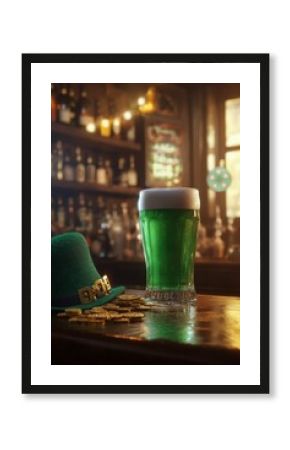 Green beer and festive decor at a lively pub during St Patricks Day celebration