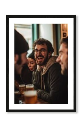 Friends laughing and drinking beer at Saint Patrick’s Day celebration in pub