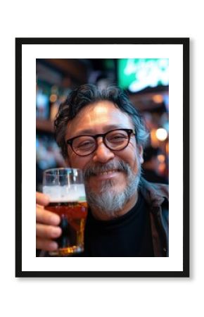 A Hispanic man smiles joyfully while holding a drink in a lively pub on St. Patrick's Day