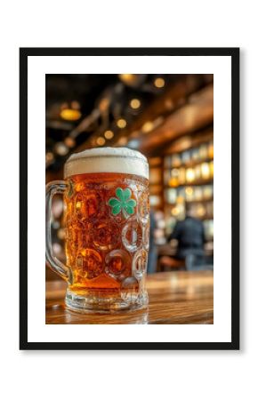 glass of beer on a bar counter in a pub during St. Patrick's Day celebrations