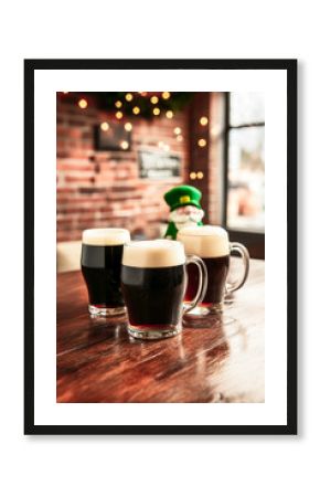 Cold refreshing dark beer pints sitting on wooden table in irish pub