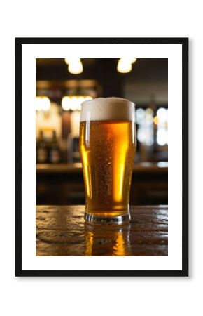 Cold glass of beer with frothy foam sitting on a wooden bar counter.Vertical image.