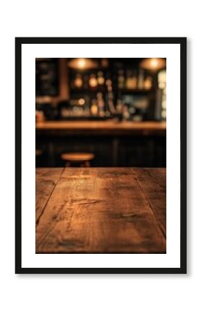 Empty wooden bar table in a dark, dimly lit pub