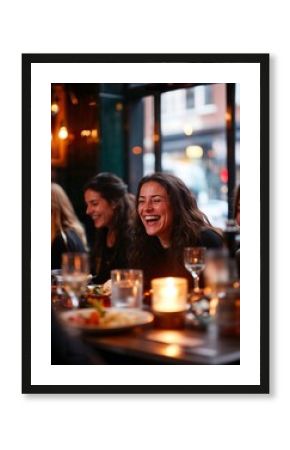 En ljus och inbjudande restaurangscen med två glas vin på ett rustikt träbord, omgiven av varm belysning och en mysig atmosfär.