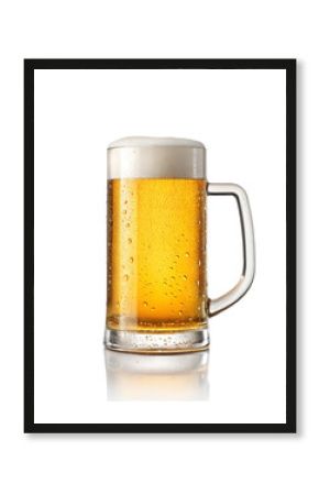 Cold beer in a glass mug with frothy foam and condensation, golden and refreshing, classic alcoholic beverage for pubs and bars, isolated on white background