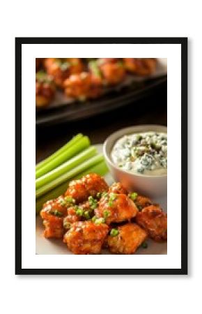 Closeup Of Spicy Chicken Wings With Celery And Blue Cheese Dip Appetizer Photographed With Detail Focus On Flavorful Texture And Color Palette  Delicious Appetizer Dish Of  Comfort Food  Finger Foods