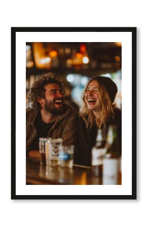 A man and a woman laughing at a bar