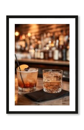 Two cocktails are sitting on a bar with a blurred background showing liquor bottles