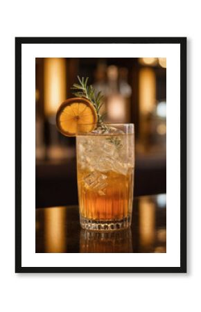 Cóctel de kombucha con hielo, decorado con rodaja de naranja y romero, en un bar con luz cálida.