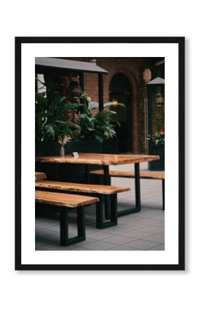 Restaurant interior with wooden table and wooden benches, green palm trees as decoration 