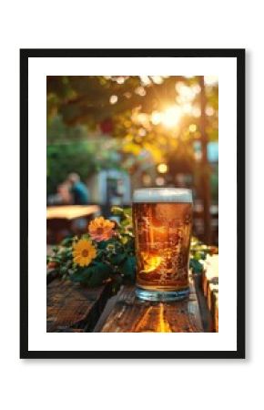 Sunny beer garden table with drink and flowers