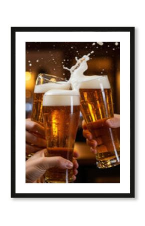 Hands clinking glasses of lager beer with foam  splash overflowing, cheerfully celebrating in pub, bar. Perfect for Oktoberfest, St. Patrick's Day, festive parties, beer promo. Copy space