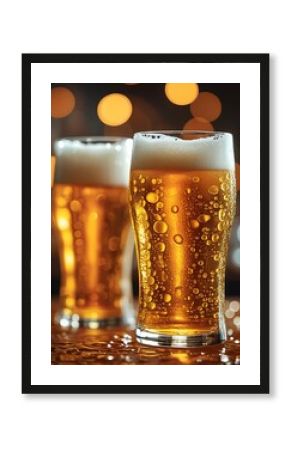Close-up of two frosty beer glasses filled with golden lager, with condensation on the glass and warm bokeh lights in the background, creating a cozy and inviting pub atmosphere  