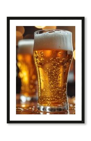 Close-up of two frosty beer glasses filled with golden lager, with condensation on the glass and warm bokeh lights in the background, creating a cozy and inviting pub atmosphere  