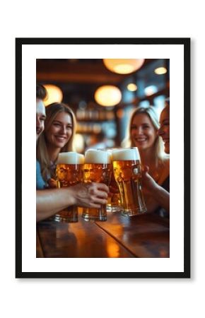 Group of friends celebrating at a bar with large mugs of beer, smiling and enjoying a festive night out in a warm and cheerful pub atmosphere with good drinks and laughter 