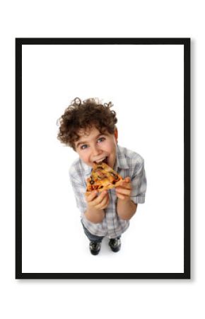 Kid eating pizza isolated on white background