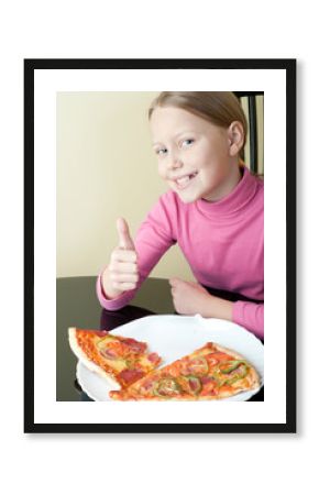 Cheerful little girl with pizza