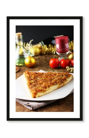 Slice of pizza with onions