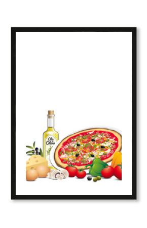 Pizza et ingrédients, fond blanc