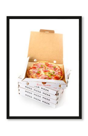Pepperoni pizza in a takeaway pizza box