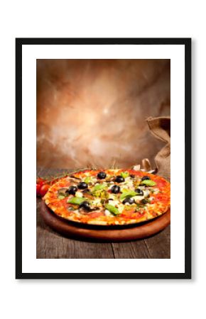 Delicious fresh pizza served on wooden table