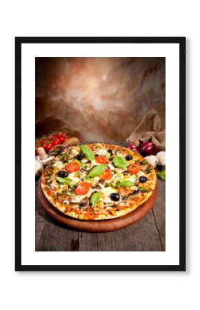 Delicious fresh pizza served on wooden table