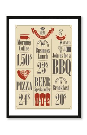 price list for the restaurant menu