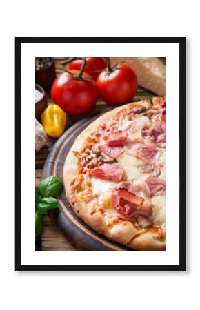 Delicious italian pizza served on wooden table