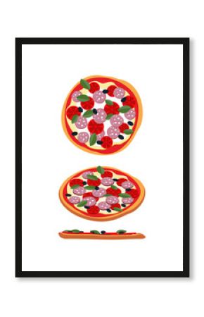 Pizza with tomatoes and sausage. Food top view, side view.