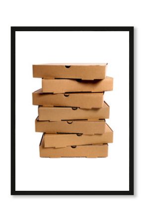 Stack pile of several lots brown pizza boxes isolated on white background vertical photo