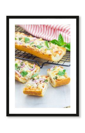Barbecue chicken pizza baguette, selective focus