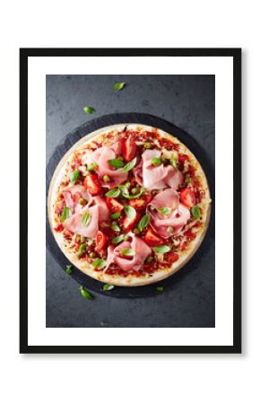 Pizza topped with black forest ham, capers and tomatoes    