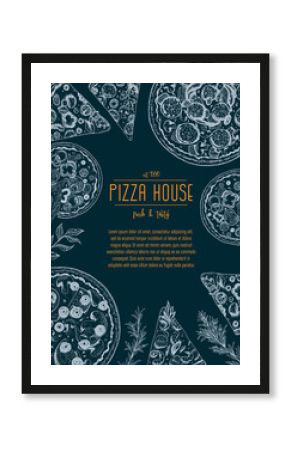 Vintage pizza frame vector illustration. Hand drawn with ink. Pizza design template.