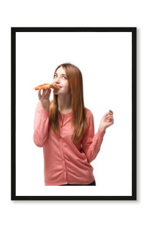 Happy young woman eating slice of hot pizza, isolated on white