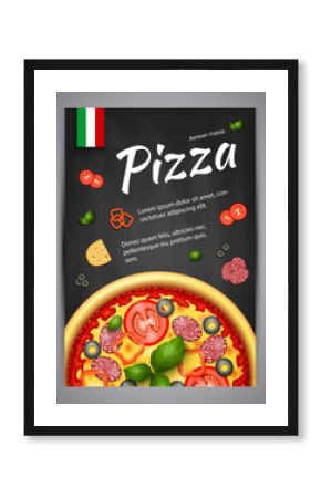 Realistic Pizza Pizzeria flyer vector background. Vertical Italian Pizza poster with ingredients and text on blackboard