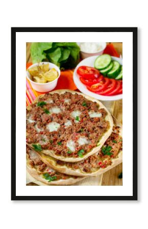 Turkish pizza Lahmajoun Lahmacun with ground beef