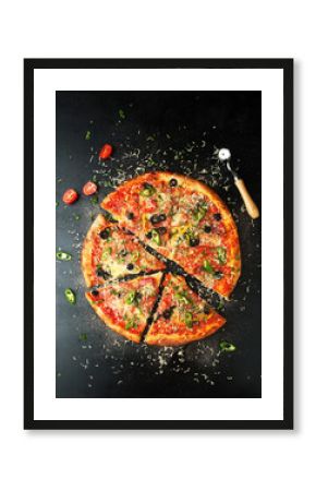 Delicious pepperoni pizza with fresh ingredients with chili pepper