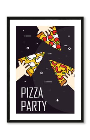 Illustration with hand and slice of pizza pepperoni. Vector banner for fast food. Thin line flat design card.
