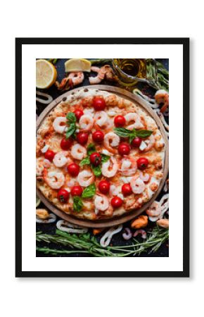 Seafood pizza with shrimps and tomatoes. Tasty mediterranean style food concept