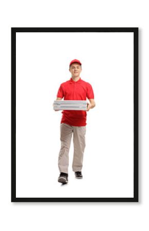 Teenage pizza delivery boy walking towards the camera