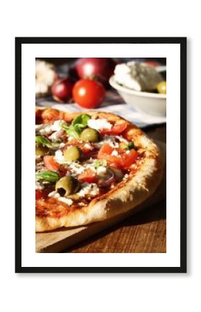 Homemade Greek Style Pizza / with tomatoes, red onions, feta cheese, olives, garlic and basil leaves