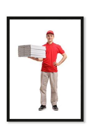 Teenage delivery boy holding pizza boxes