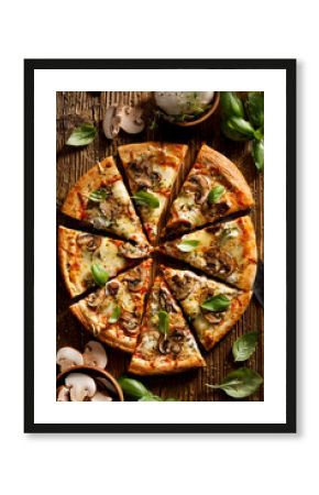 Mushroom pizza with addition mozzarella cheese and herbs on a wooden table, top view