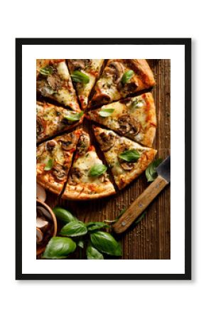 Mushroom pizza with addition mozzarella cheese and herbs on a wooden table, top view