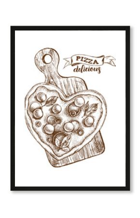 Heart-shaped Pizza with mozzarella,  basil and olives on a wooden cutting board. Italian cuisine. Ink hand drawn Vector illustration. Top view. Food element for menu design.