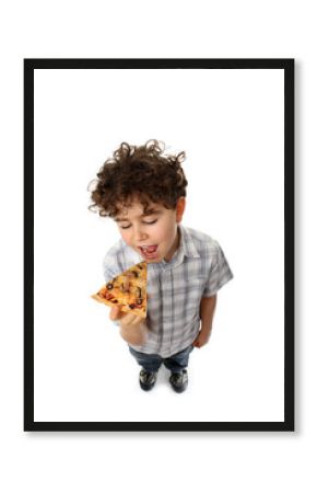 Kid eating pizza isolated on white background
