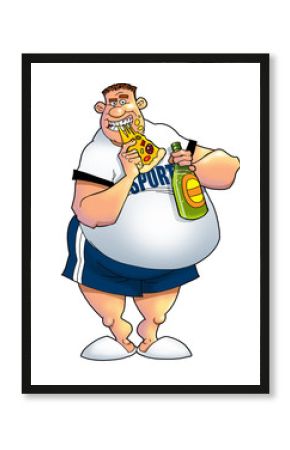 man with beer and pizza