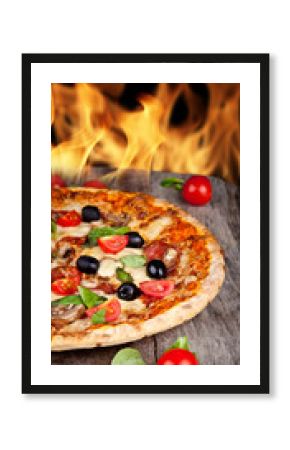 Delicious italian pizza served on wooden table